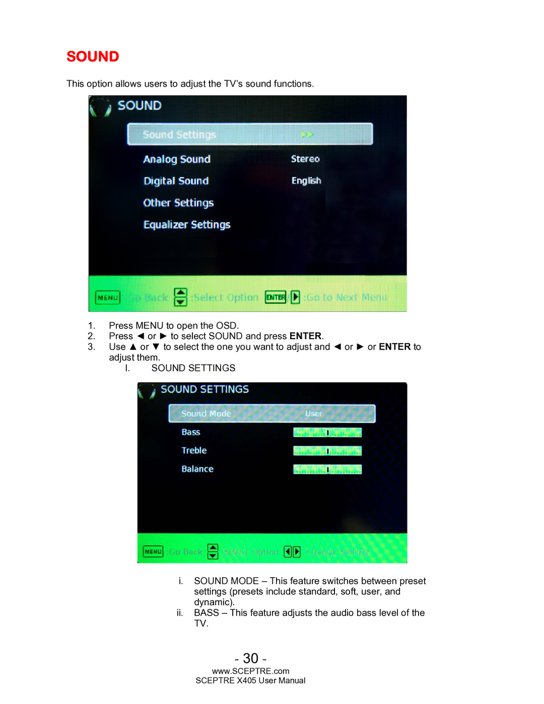 Sceptre Technologies SCEPTRE X405 HDTV user manual Sound Settings 