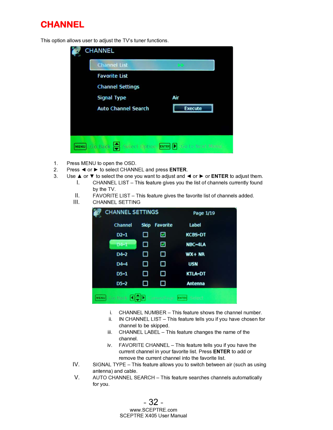 Sceptre Technologies SCEPTRE X405 HDTV user manual III. Channel Setting 