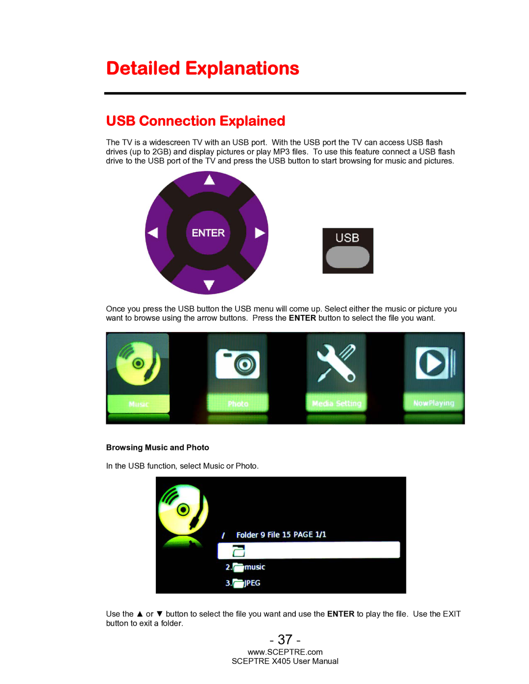 Sceptre Technologies SCEPTRE X405 HDTV user manual Detailed Explanations, USB Connection Explained 