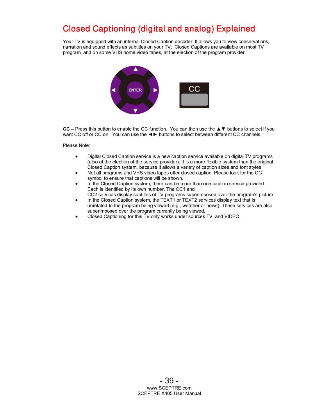 Sceptre Technologies SCEPTRE X405 HDTV user manual Closed Captioning digital and analog Explained 