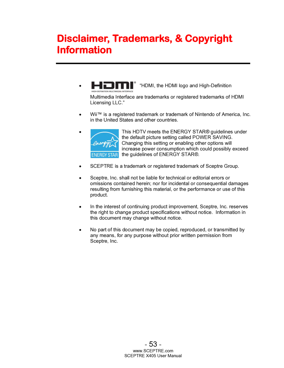 Sceptre Technologies SCEPTRE X405 HDTV user manual Disclaimer, Trademarks, & Copyright Information 