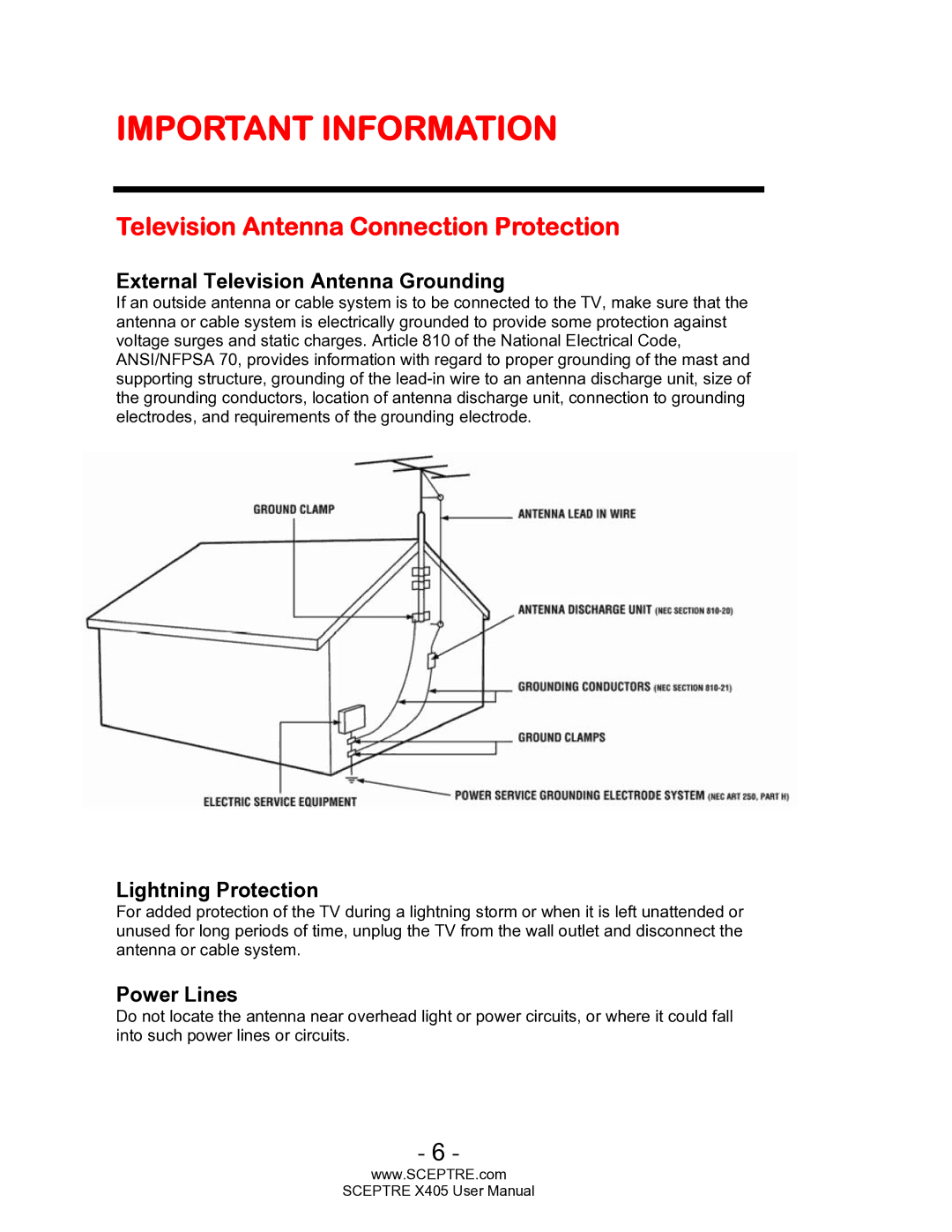 Sceptre Technologies SCEPTRE X405 HDTV Television Antenna Connection Protection, External Television Antenna Grounding 