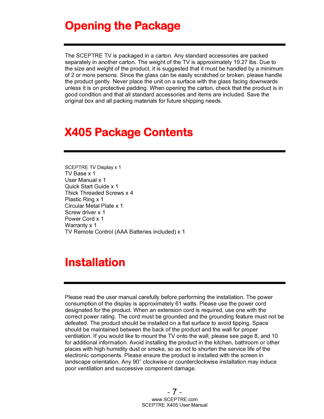 Sceptre Technologies SCEPTRE X405 HDTV user manual Opening the Package, X405 Package Contents, Installation 