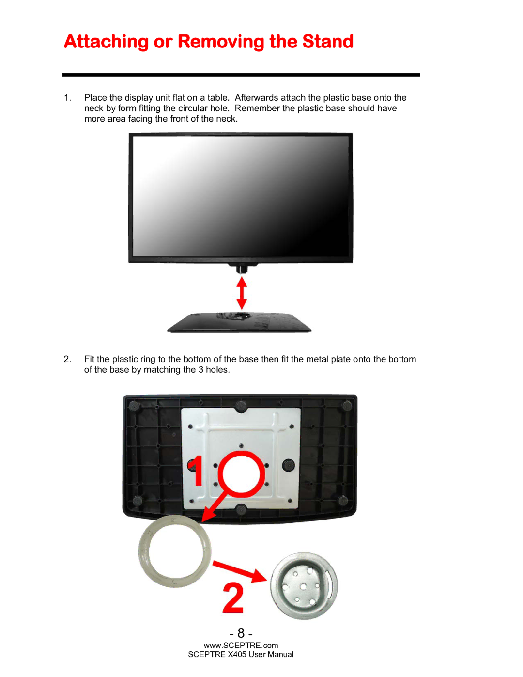 Sceptre Technologies SCEPTRE X405 HDTV user manual Attaching or Removing the Stand 