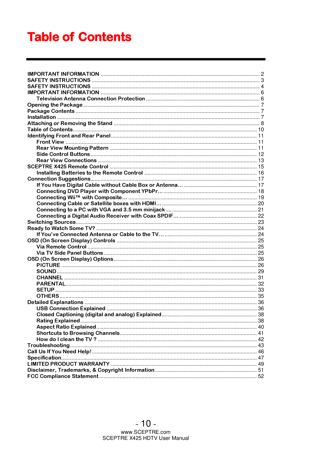 Sceptre Technologies SCEPTRE X425 HDTV user manual Table of Contents 