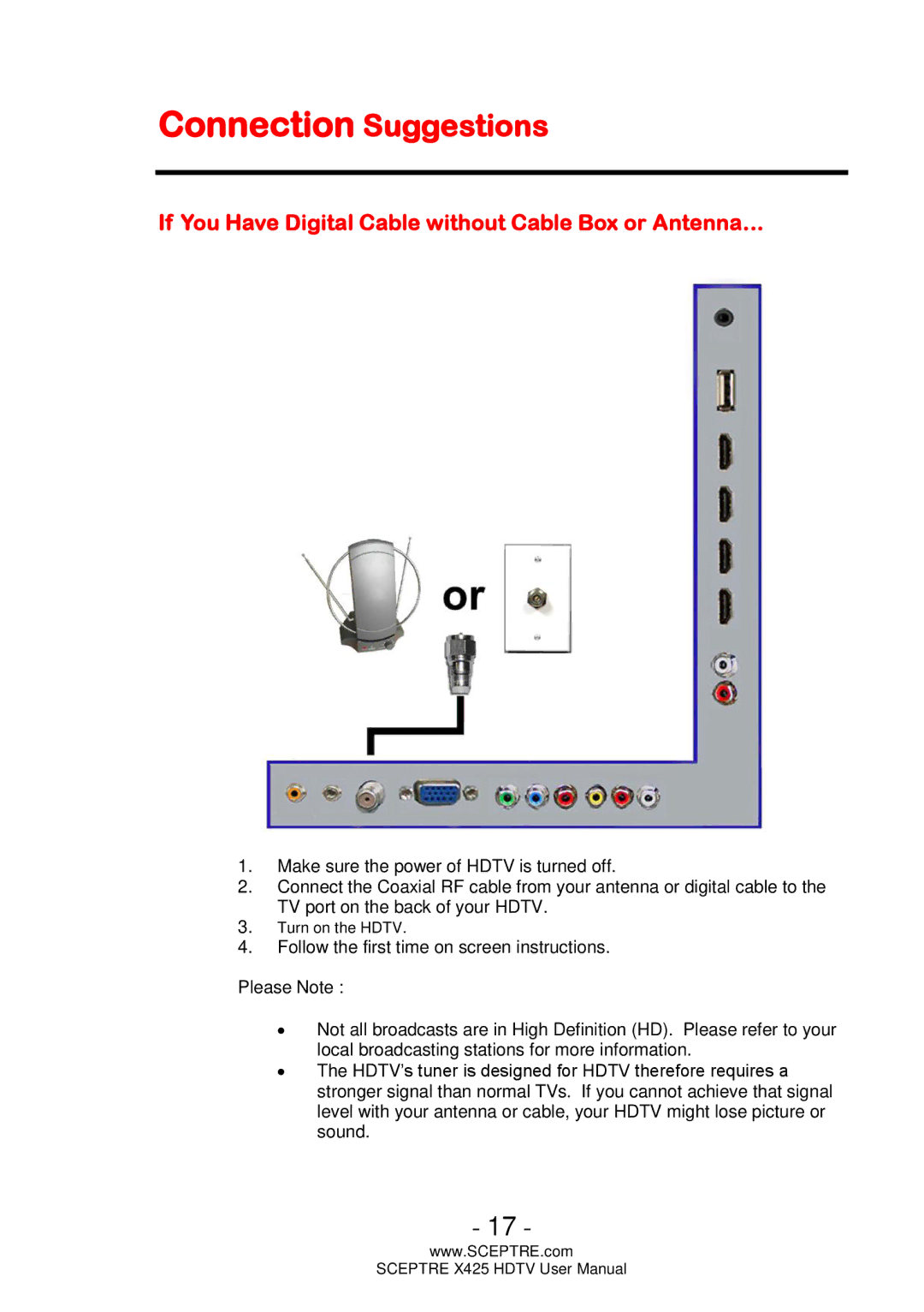 Sceptre Technologies X425 user manual Connection Suggestions, If You Have Digital Cable without Cable Box or Antenna… 