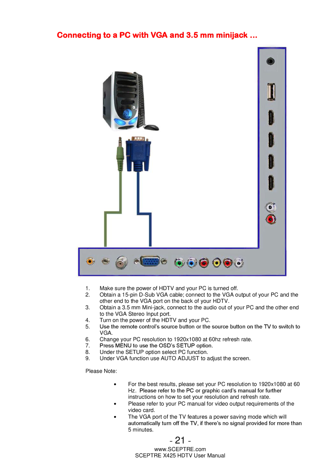 Sceptre Technologies SCEPTRE X425 HDTV user manual Connecting to a PC with VGA and 3.5 mm minijack … 