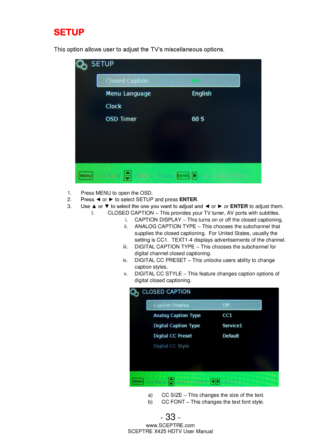 Sceptre Technologies SCEPTRE X425 HDTV user manual Setup 