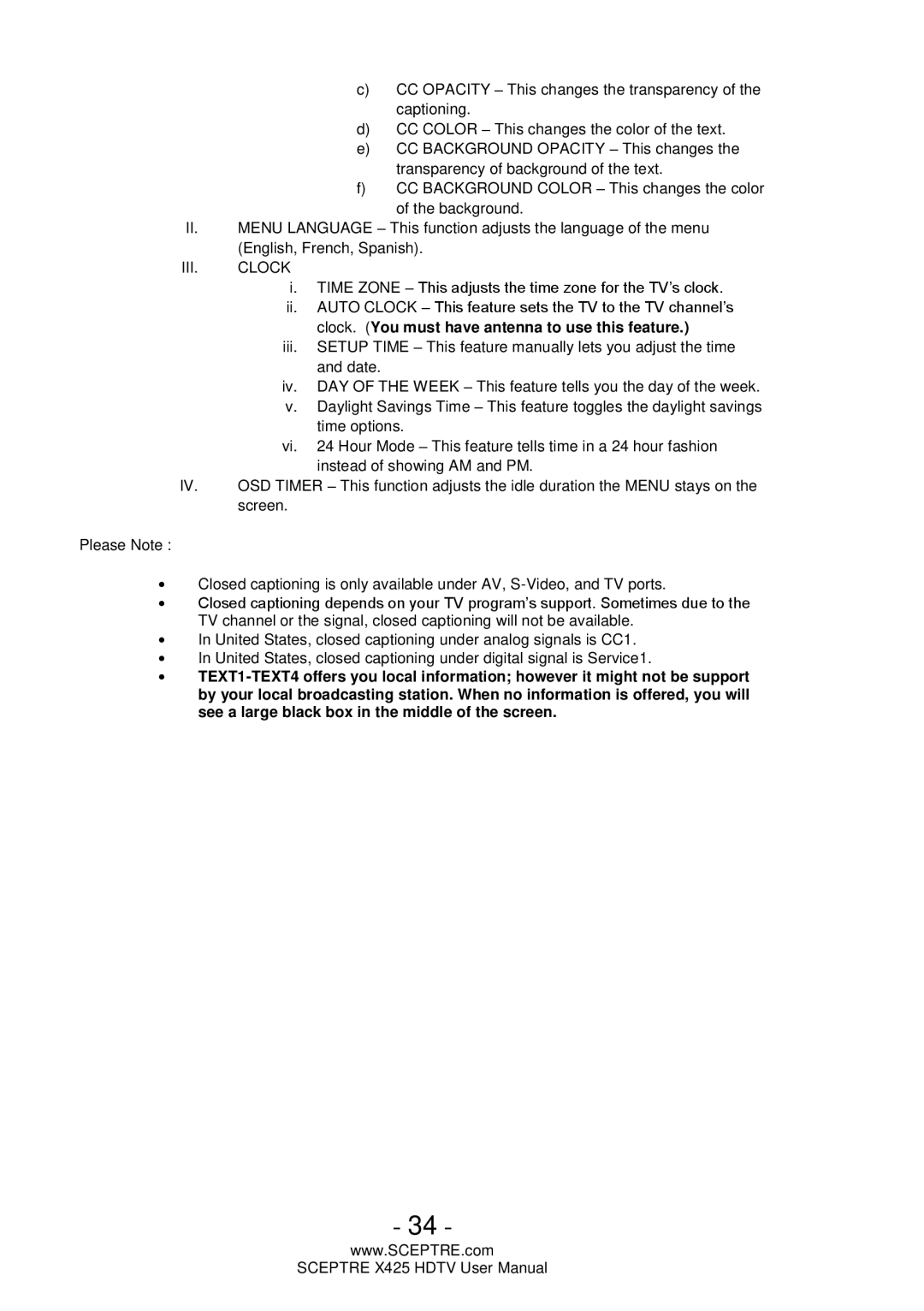 Sceptre Technologies SCEPTRE X425 HDTV user manual III. Clock 