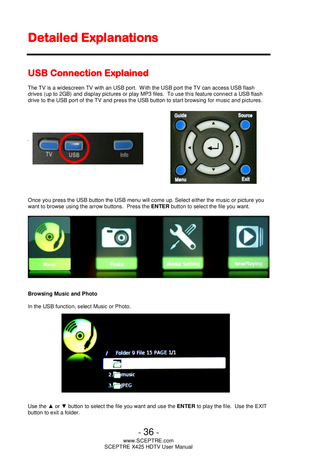 Sceptre Technologies SCEPTRE X425 HDTV user manual Detailed Explanations, USB Connection Explained 