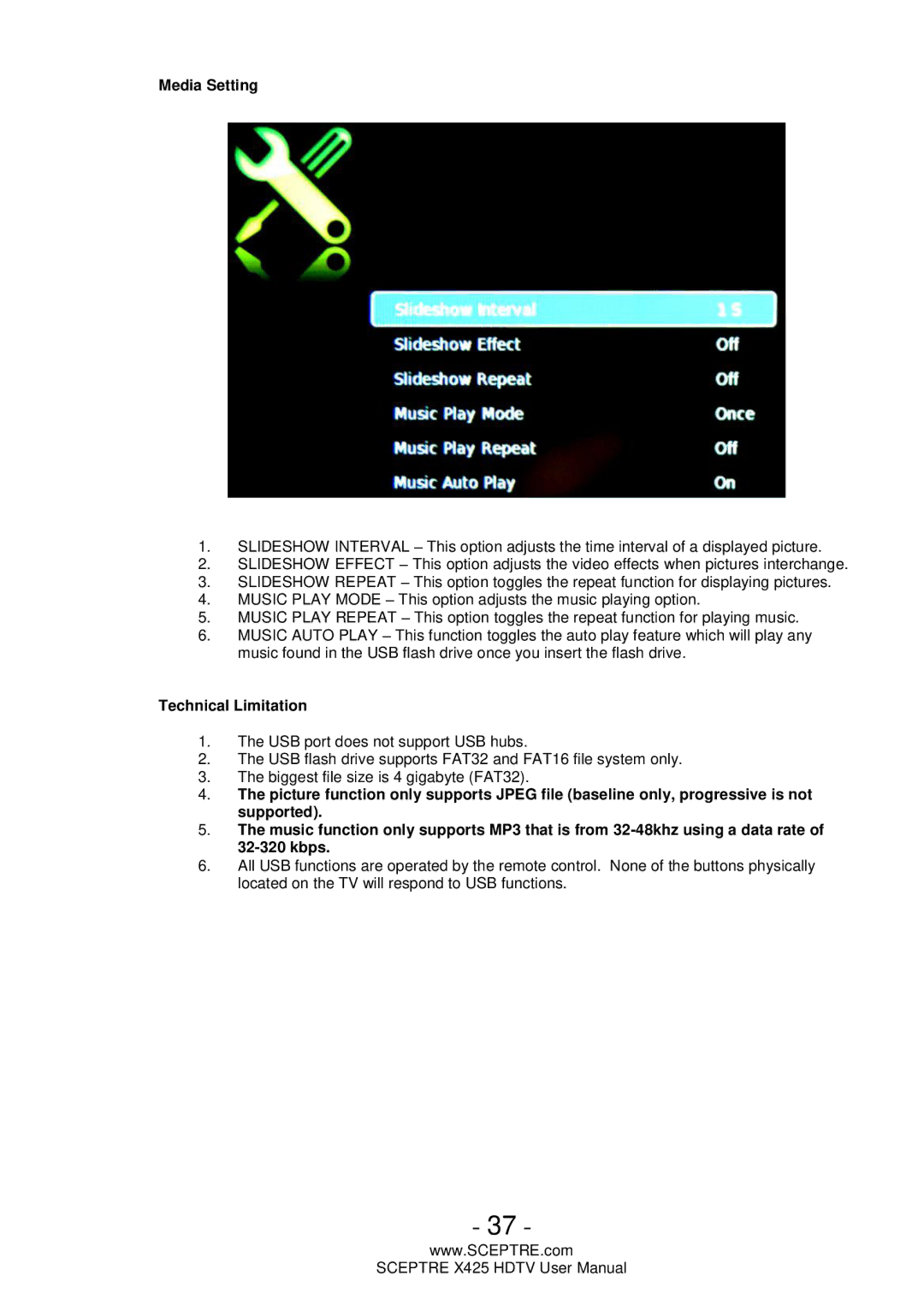 Sceptre Technologies SCEPTRE X425 HDTV user manual Media Setting 