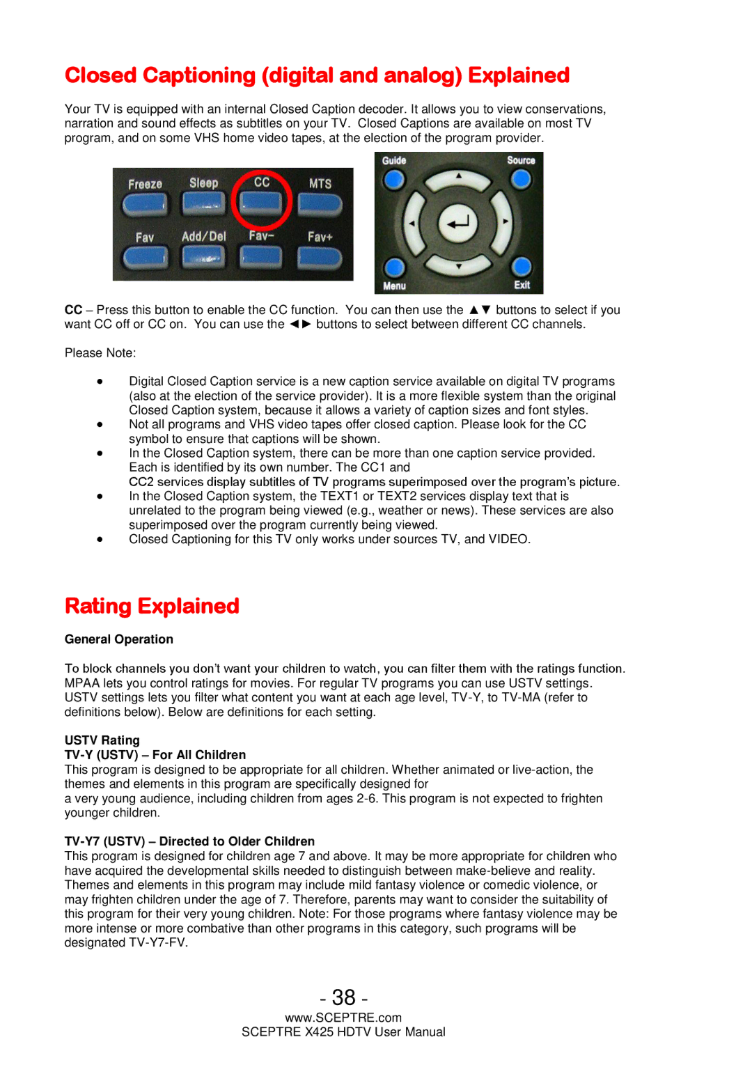 Sceptre Technologies SCEPTRE X425 HDTV user manual Closed Captioning digital and analog Explained, Rating Explained 