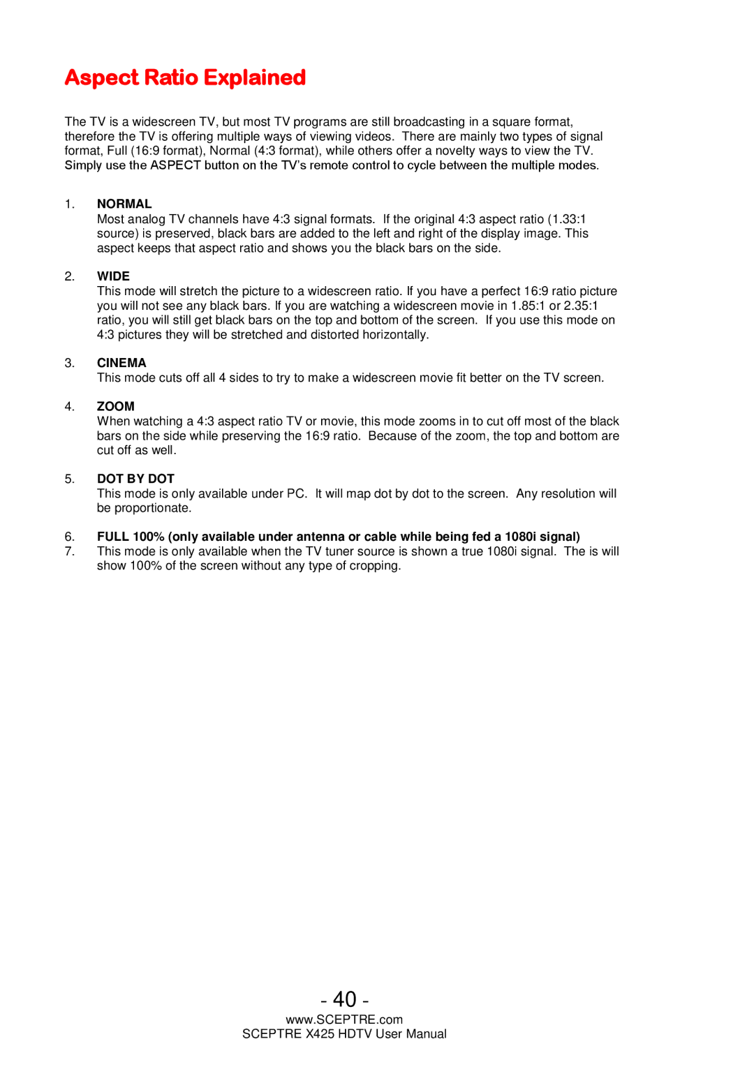 Sceptre Technologies SCEPTRE X425 HDTV user manual Aspect Ratio Explained, Normal 