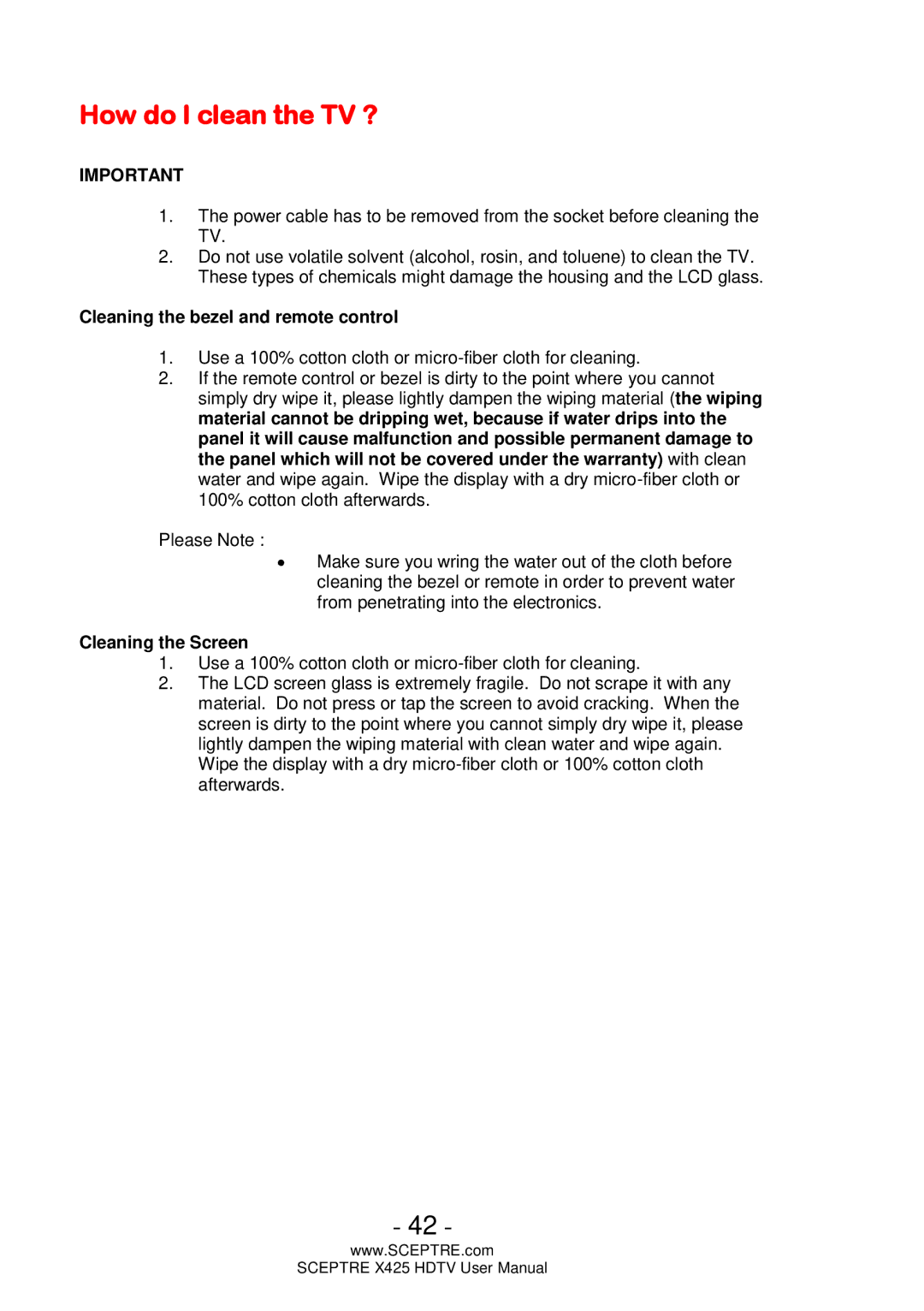 Sceptre Technologies SCEPTRE X425 HDTV user manual How do I clean the TV ?, Cleaning the bezel and remote control 