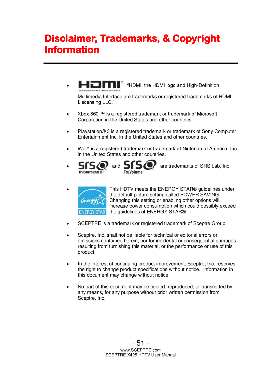 Sceptre Technologies SCEPTRE X425 HDTV user manual Disclaimer, Trademarks, & Copyright Information 