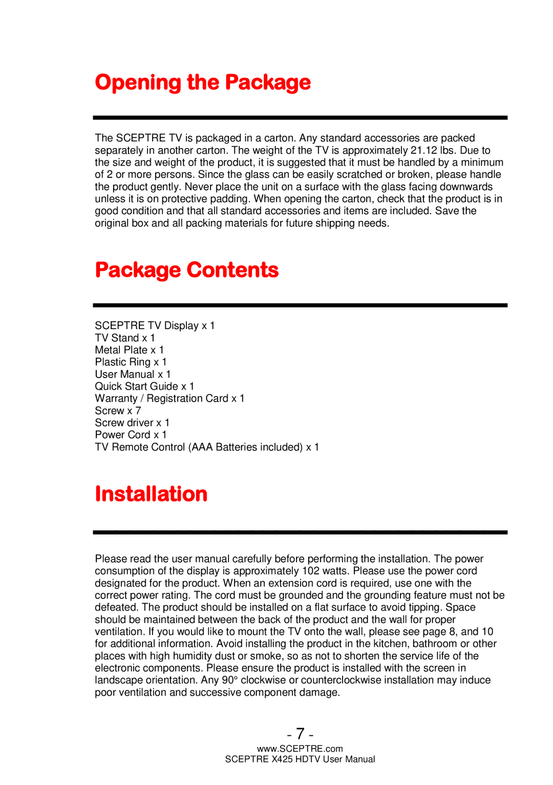 Sceptre Technologies SCEPTRE X425 HDTV user manual Opening the Package, Package Contents, Installation 