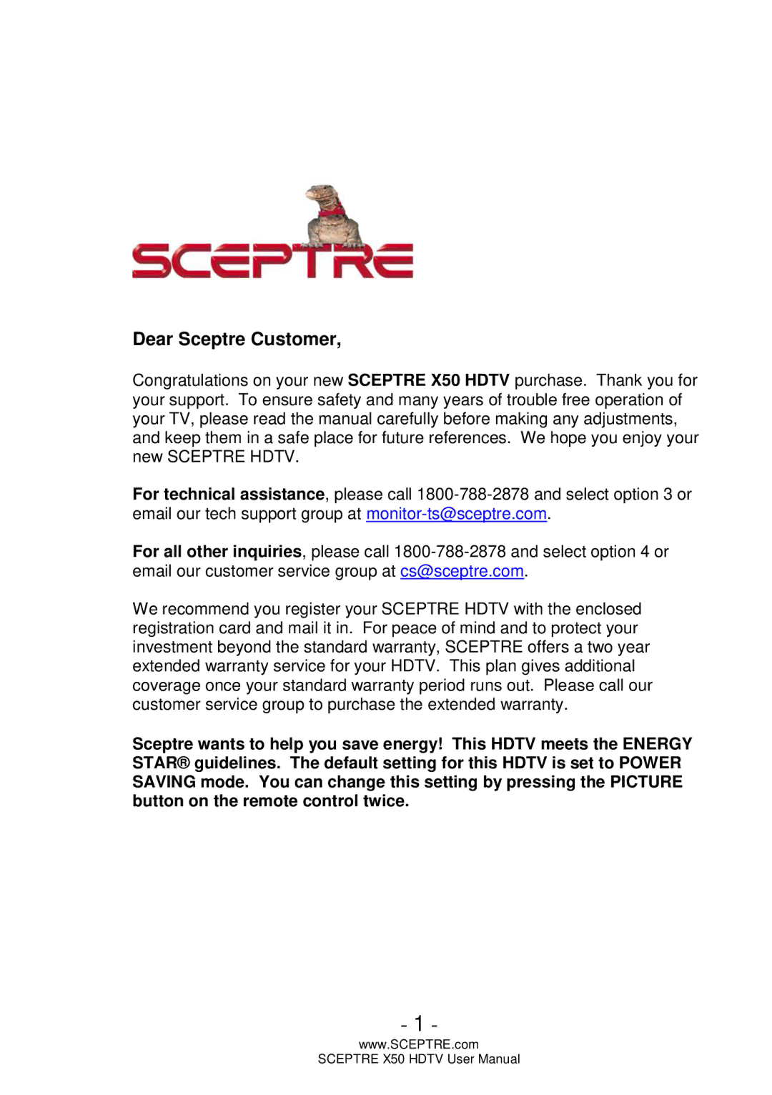 Sceptre Technologies Sceptre X50 HDTV user manual Dear Sceptre Customer 