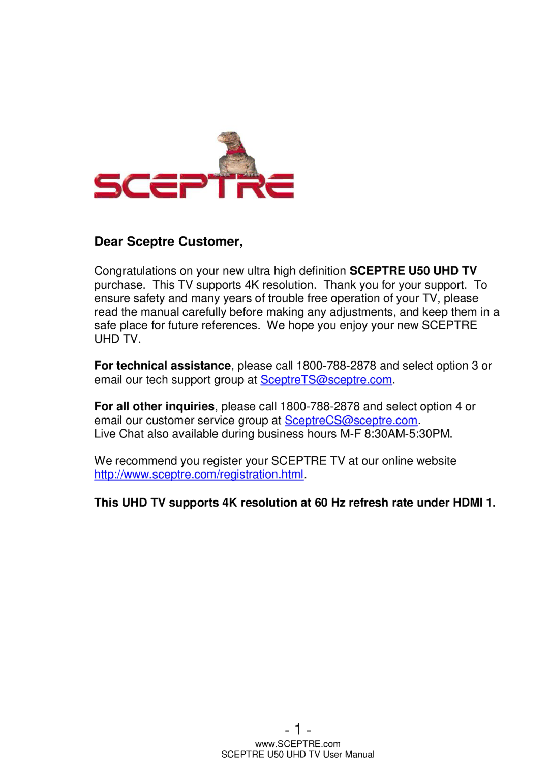 Sceptre Technologies U50 user manual Dear Sceptre Customer 