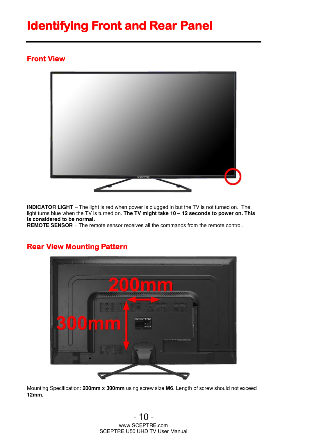 Sceptre Technologies U50 user manual Identifying Front and Rear Panel, Front View, Rear View Mounting Pattern 