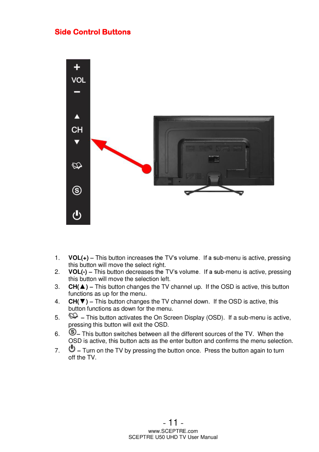 Sceptre Technologies U50 user manual Side Control Buttons 