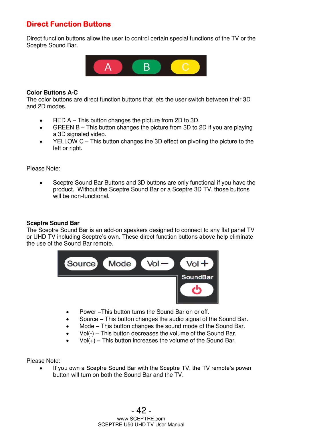 Sceptre Technologies U50 user manual Direct Function Buttons, Color Buttons A-C, Sceptre Sound Bar 