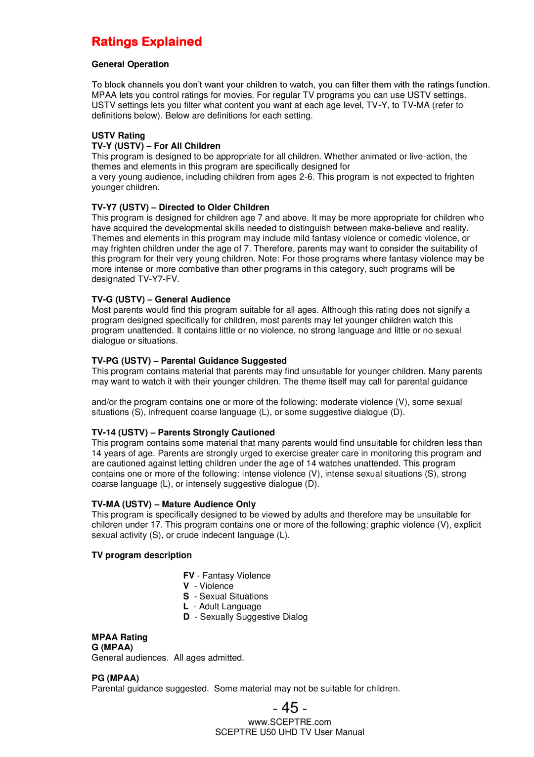 Sceptre Technologies U50 user manual Ratings Explained, General Operation 