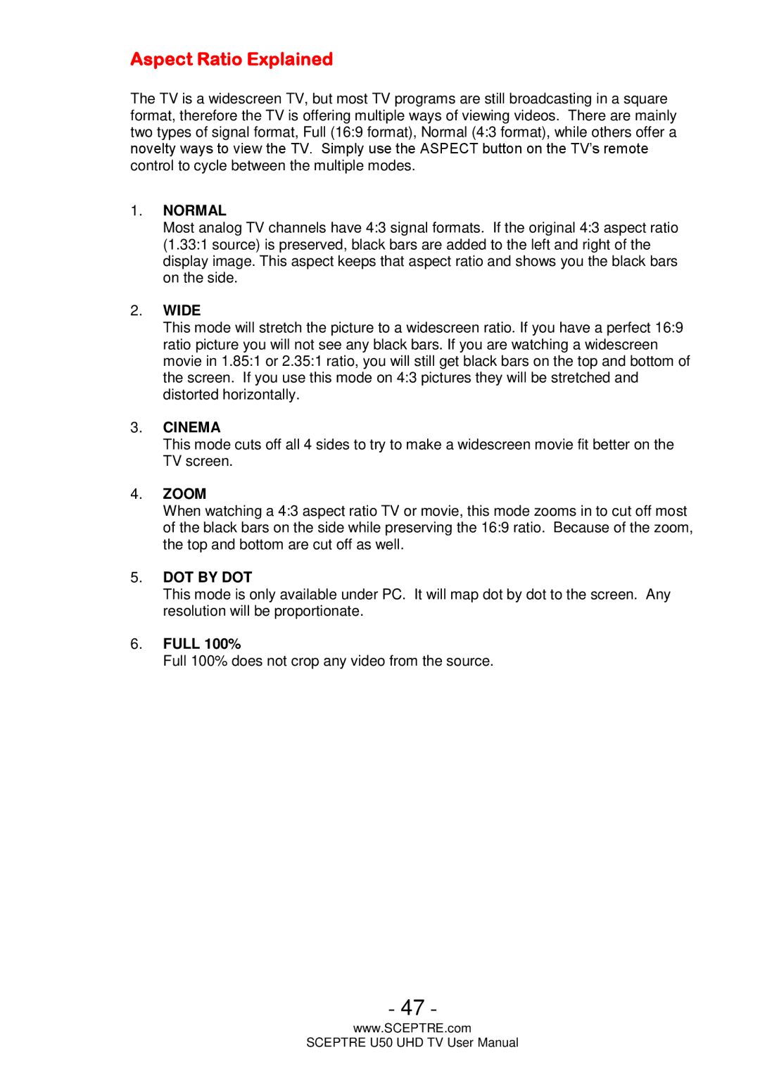 Sceptre Technologies U50 user manual Aspect Ratio Explained, Full 100% 