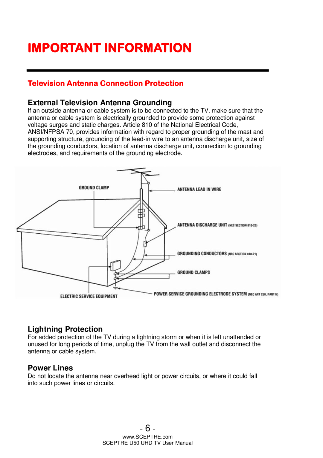 Sceptre Technologies U50 user manual Television Antenna Connection Protection, External Television Antenna Grounding 