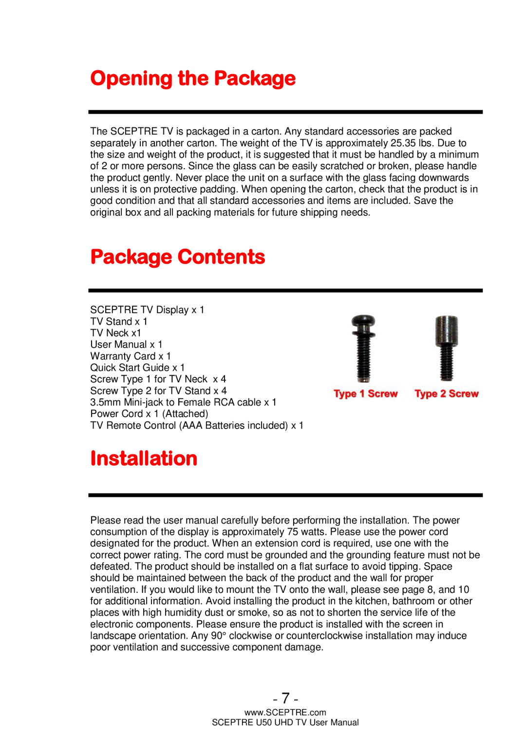 Sceptre Technologies U50 user manual Opening the Package, Package Contents, Installation 