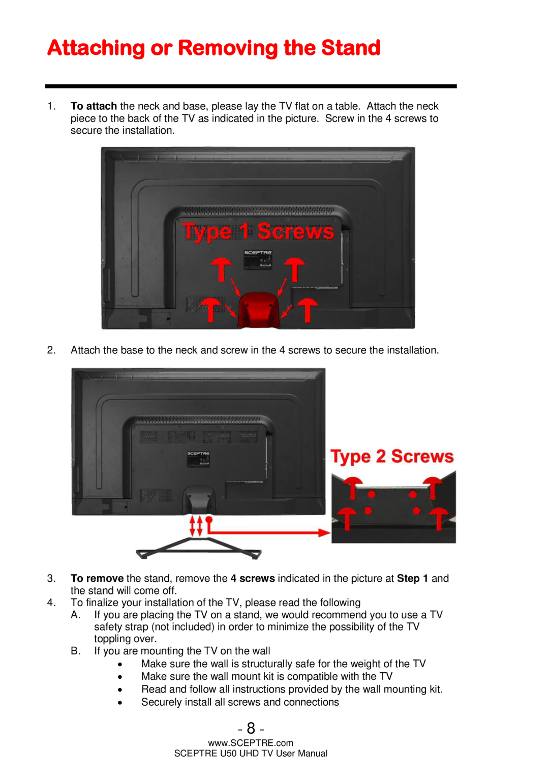 Sceptre Technologies U50 user manual Attaching or Removing the Stand 