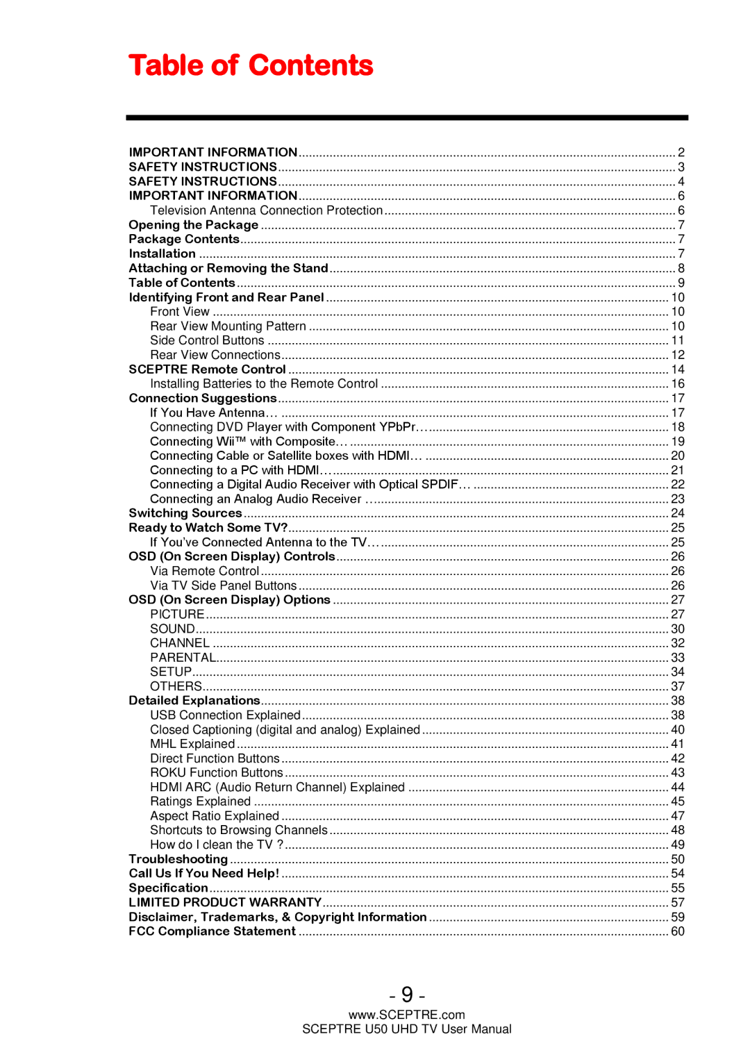 Sceptre Technologies U50 user manual Table of Contents 