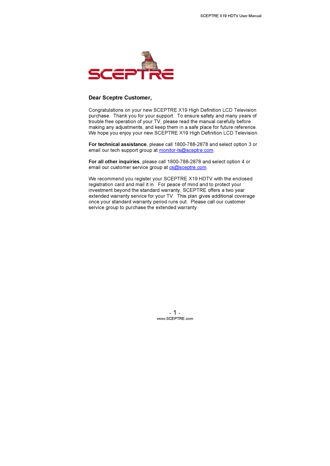 Sceptre Technologies X19 user manual Dear Sceptre Customer 