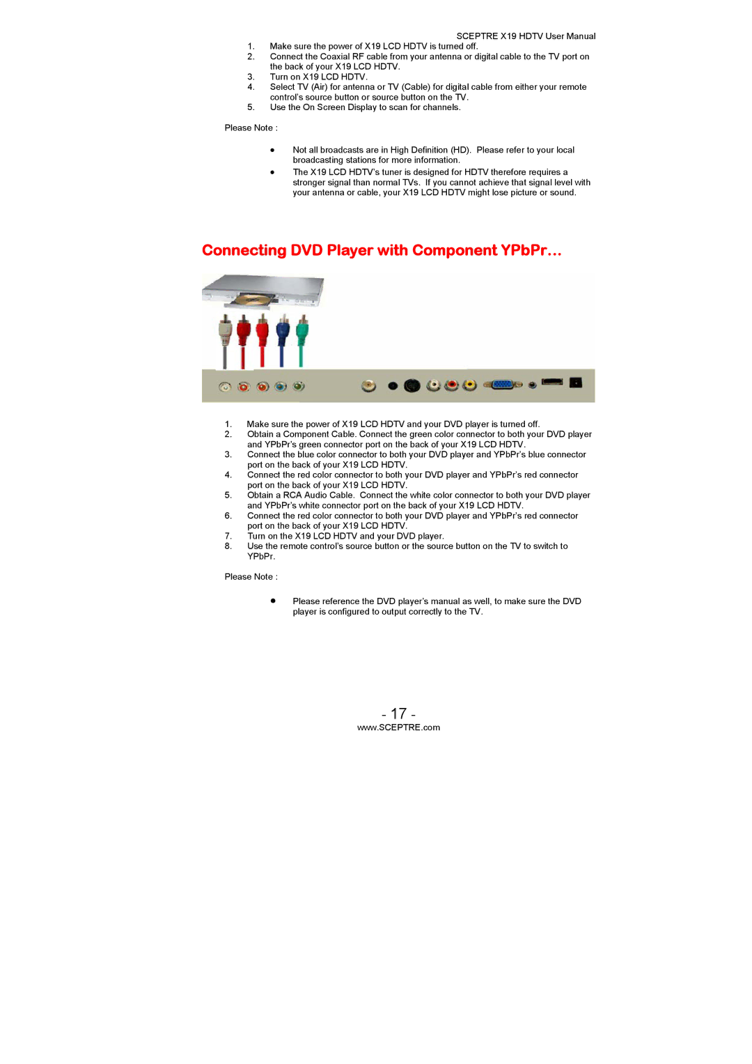 Sceptre Technologies X19 user manual Connecting DVD Player with Component YPbPr… 