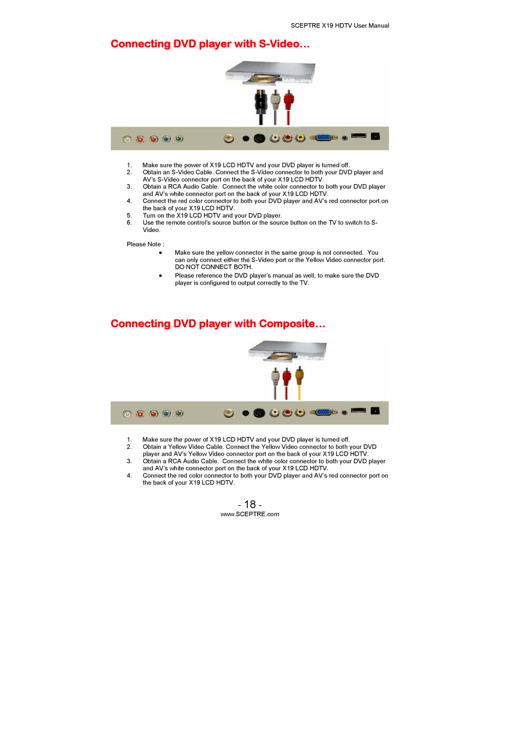 Sceptre Technologies X19 user manual Connecting DVD player with S-Video…, Connecting DVD player with Composite… 