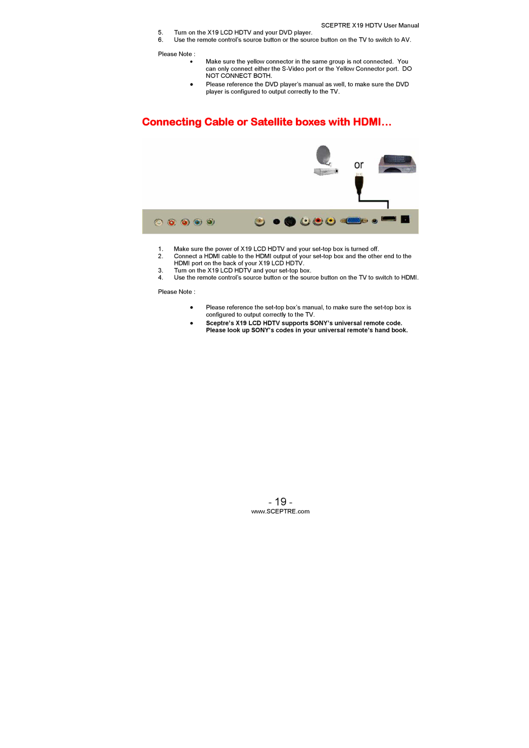 Sceptre Technologies X19 user manual Connecting Cable or Satellite boxes with HDMI… 