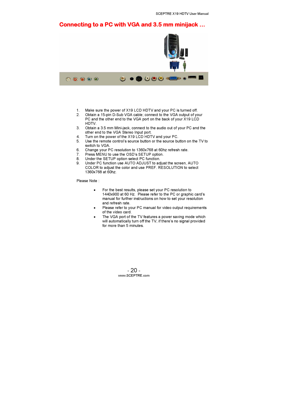 Sceptre Technologies X19 user manual Connecting to a PC with VGA and 3.5 mm minijack … 