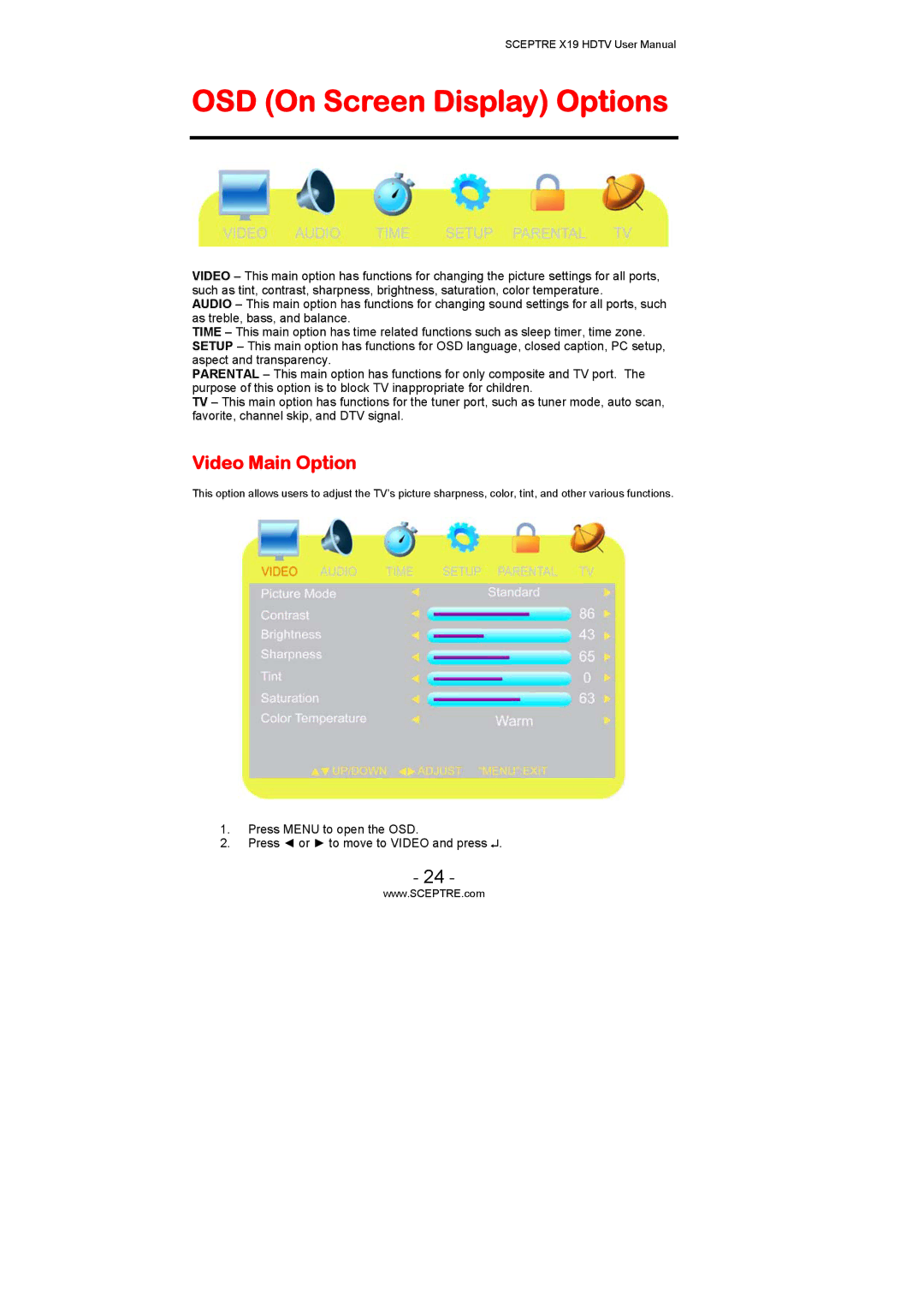 Sceptre Technologies X19 user manual OSD On Screen Display Options, Video Main Option 