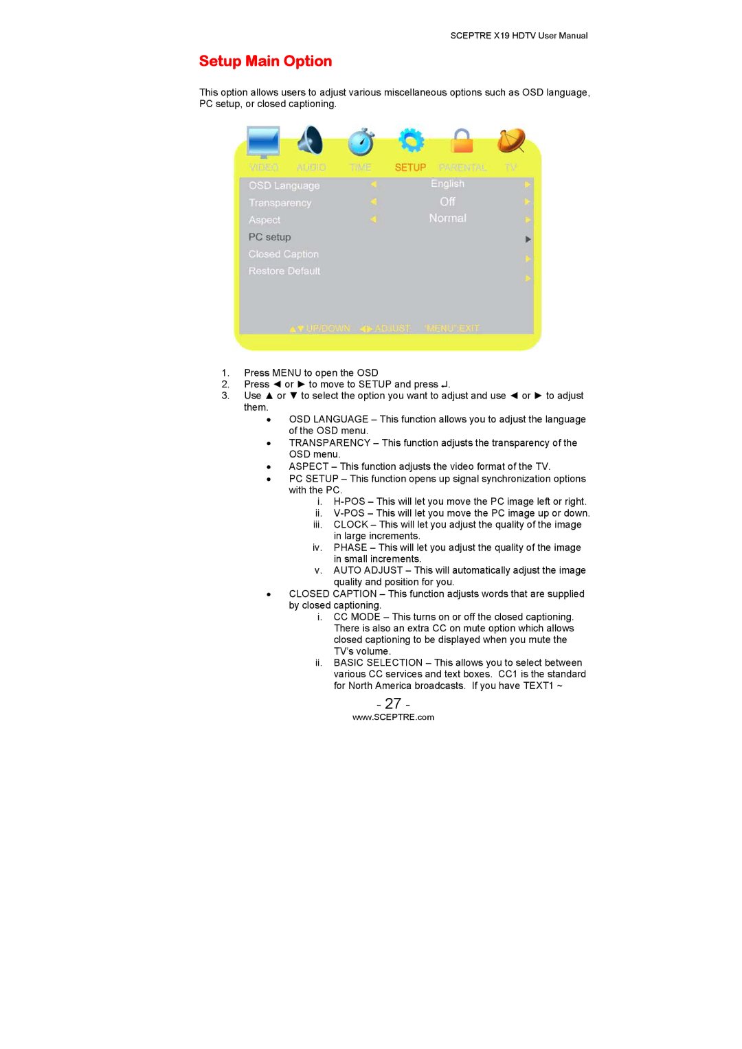 Sceptre Technologies X19 user manual Setup Main Option 