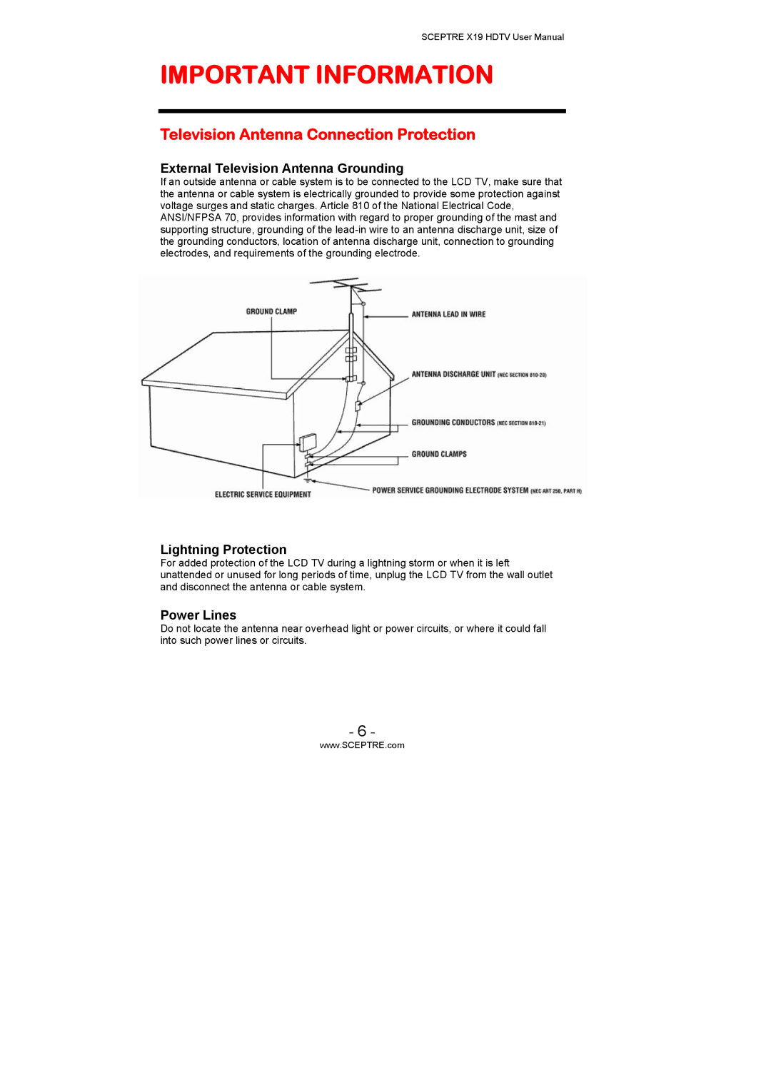 Sceptre Technologies X19 user manual Television Antenna Connection Protection, External Television Antenna Grounding 