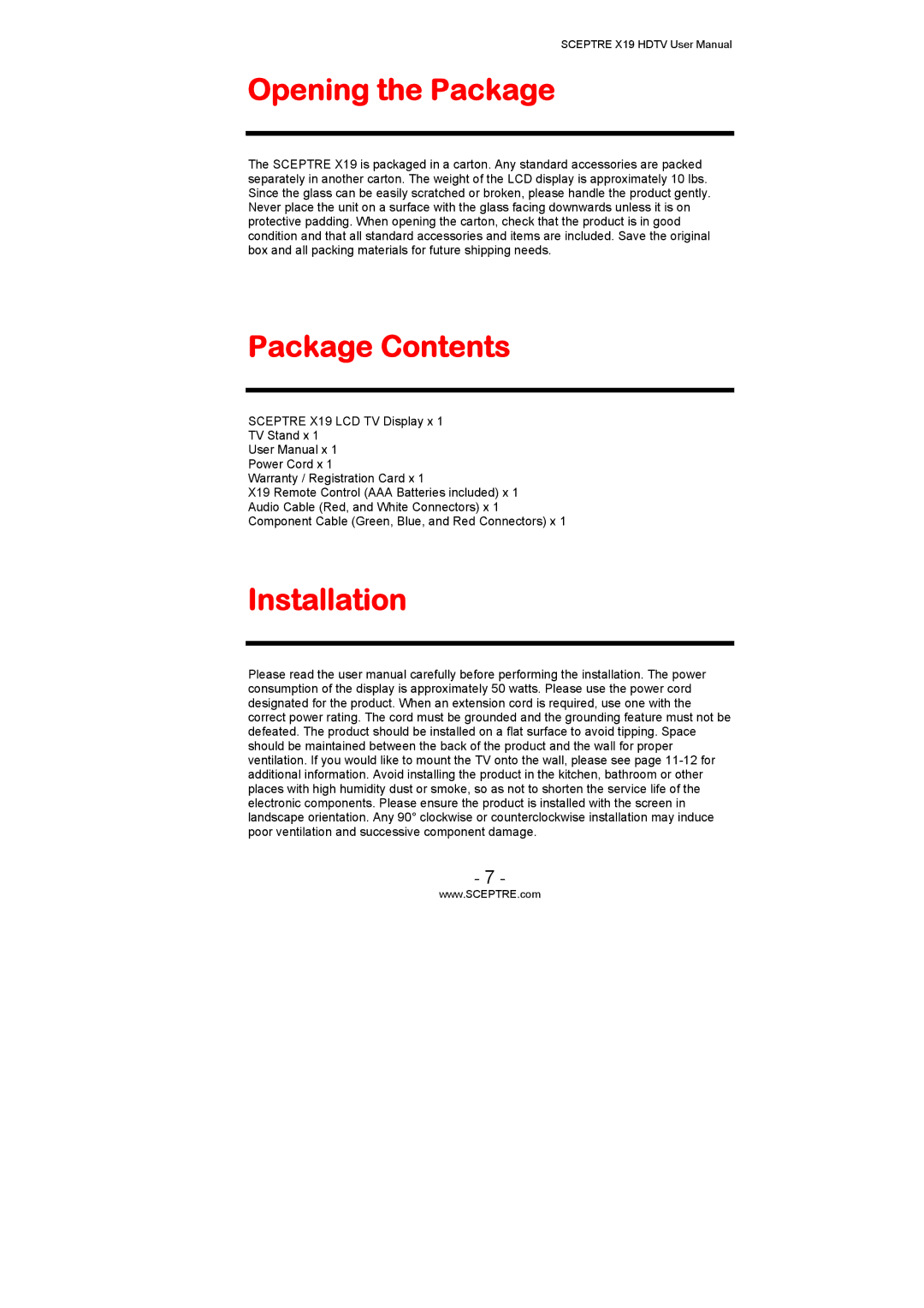 Sceptre Technologies X19 user manual Opening the Package, Package Contents, Installation 