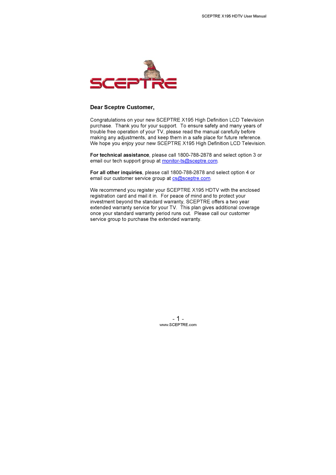 Sceptre Technologies X195 user manual Dear Sceptre Customer 