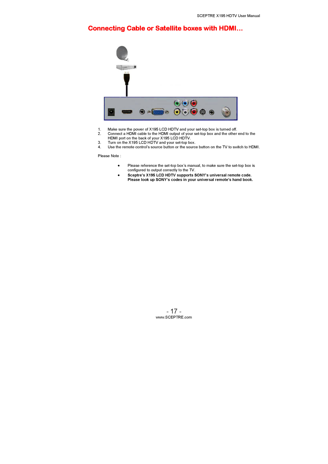 Sceptre Technologies X195 user manual Connecting Cable or Satellite boxes with HDMI… 