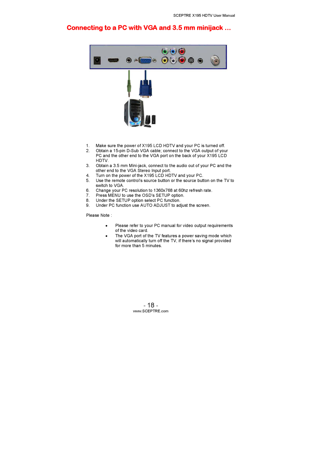 Sceptre Technologies X195 user manual Connecting to a PC with VGA and 3.5 mm minijack … 