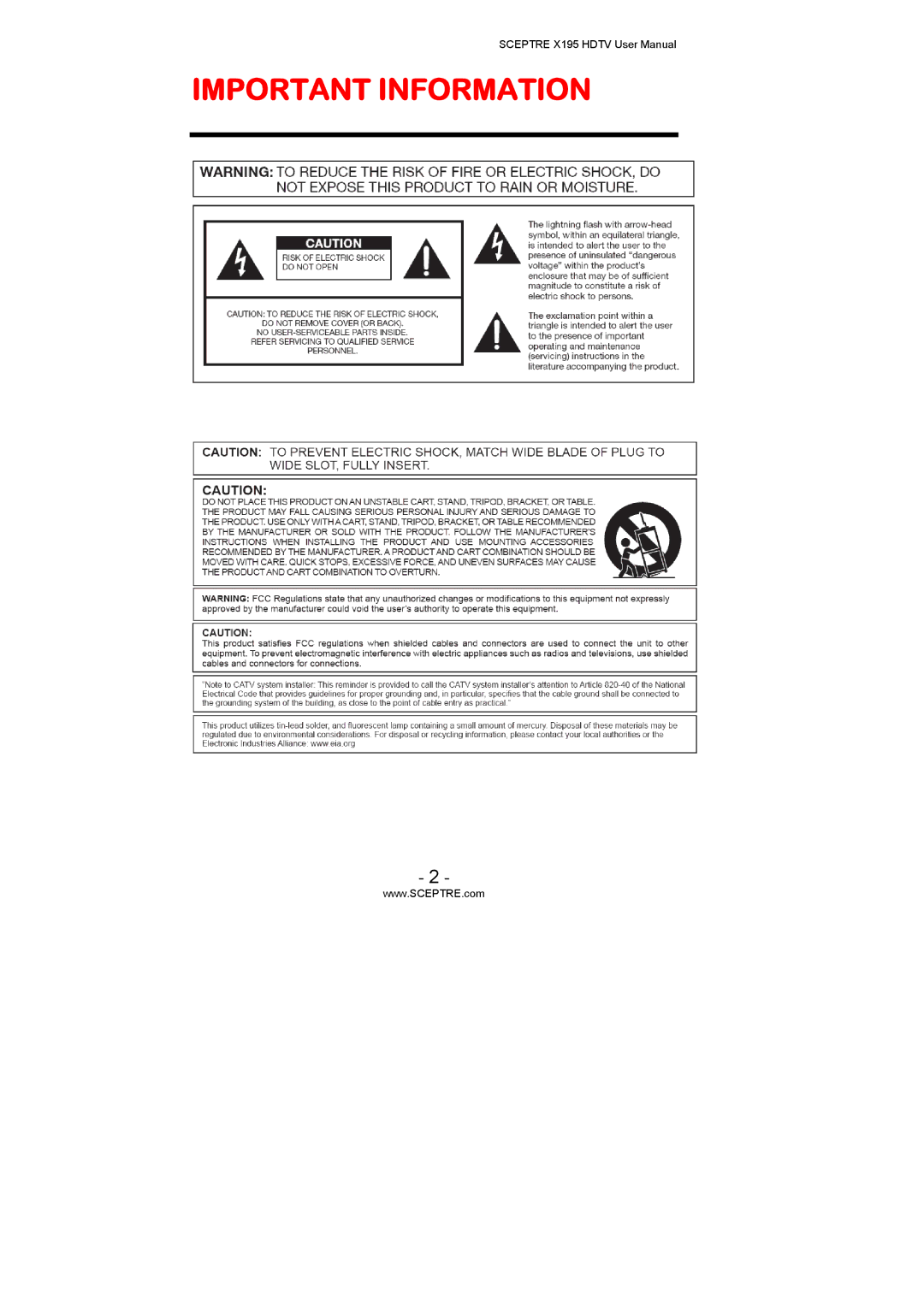 Sceptre Technologies X195 user manual Important Information 