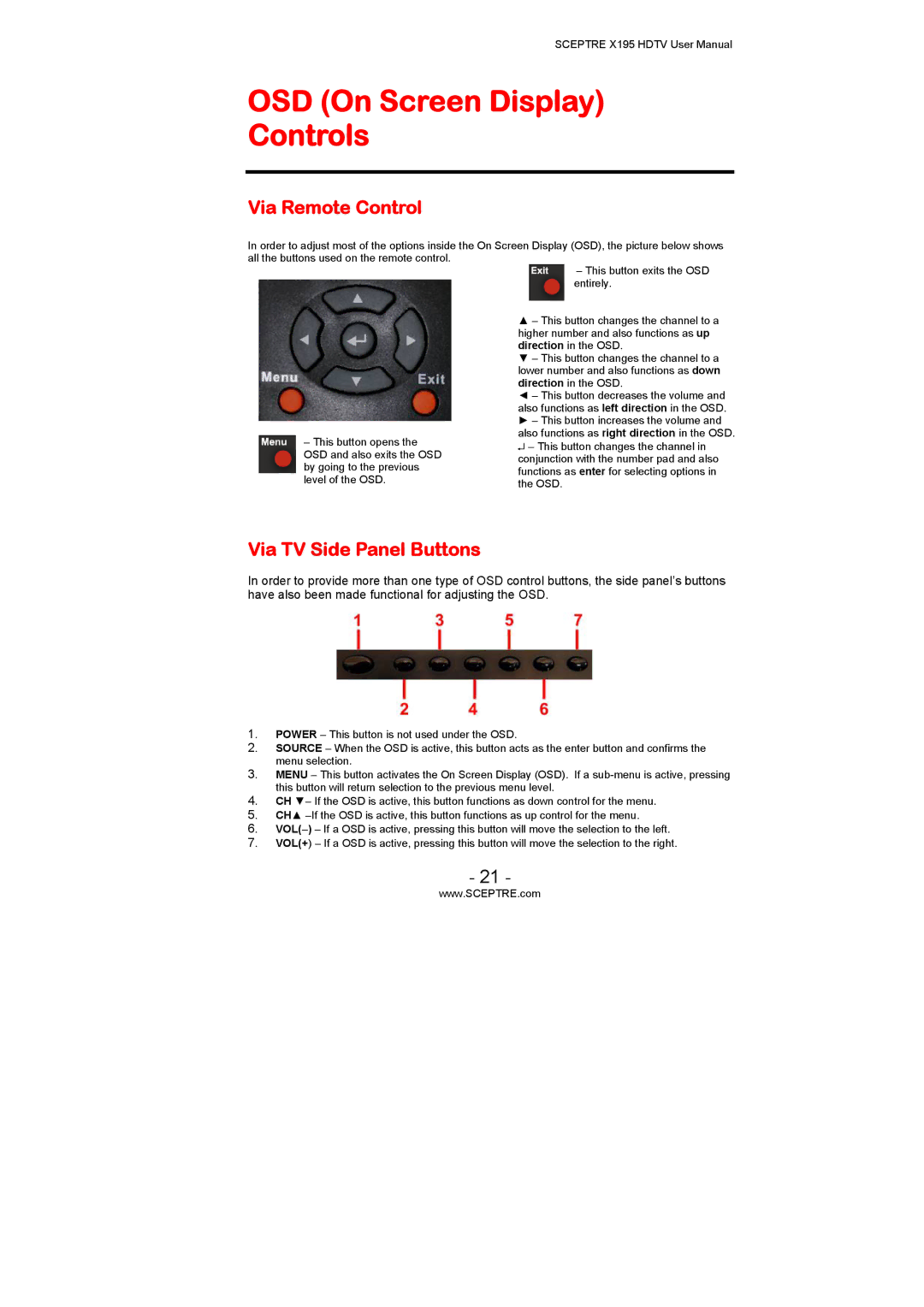 Sceptre Technologies X195 user manual OSD On Screen Display Controls, Via Remote Control, Via TV Side Panel Buttons 