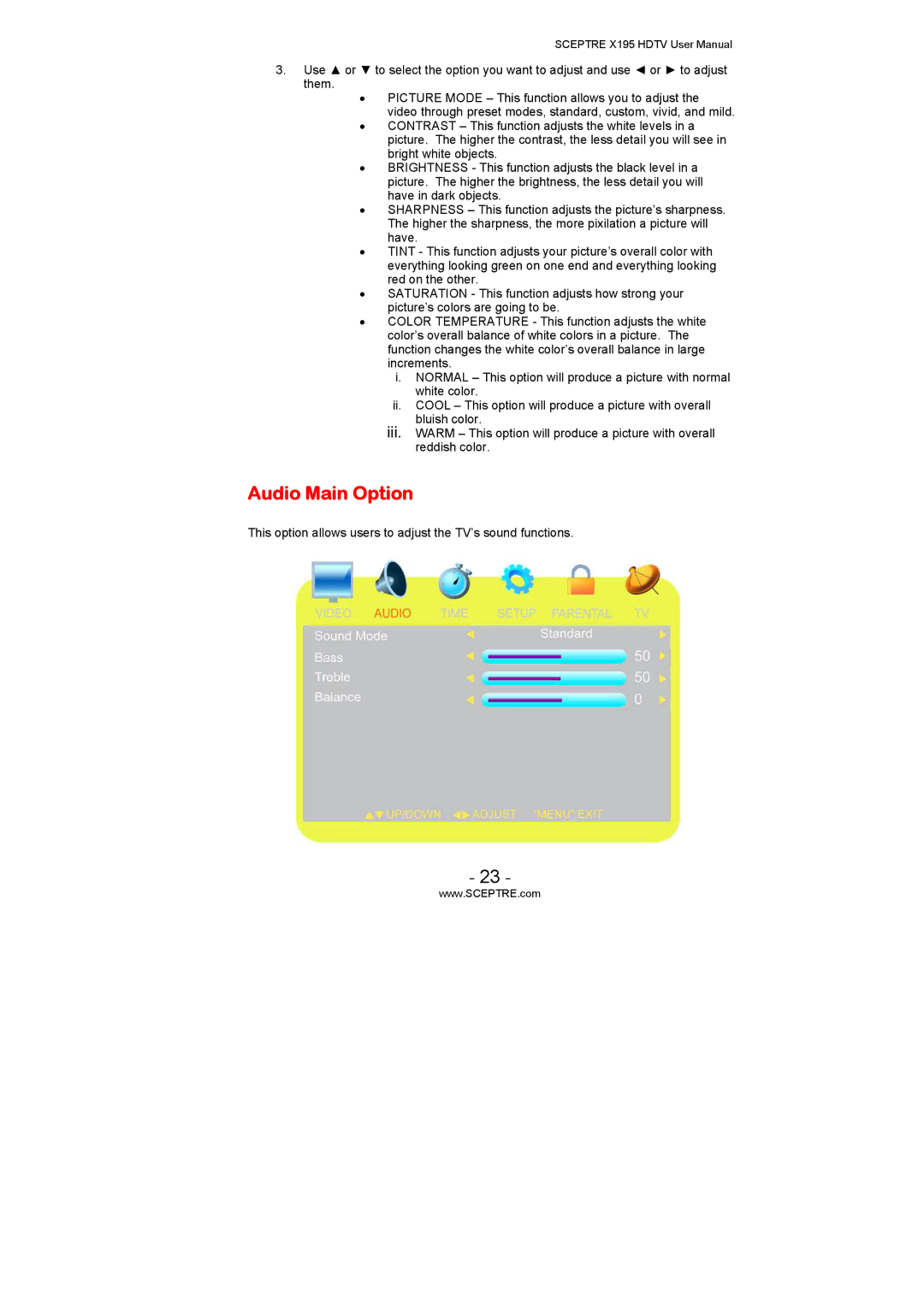 Sceptre Technologies X195 user manual Audio Main Option 