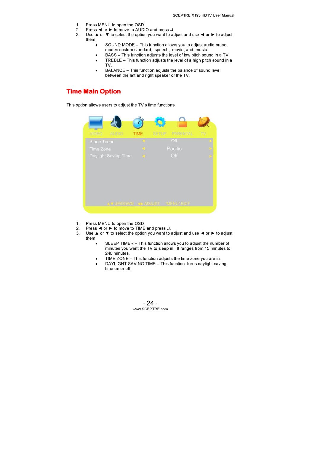 Sceptre Technologies X195 user manual Time Main Option 