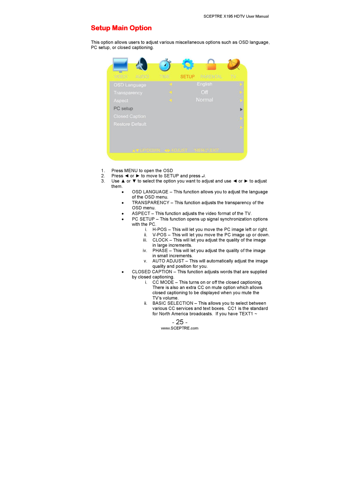 Sceptre Technologies X195 user manual Setup Main Option 