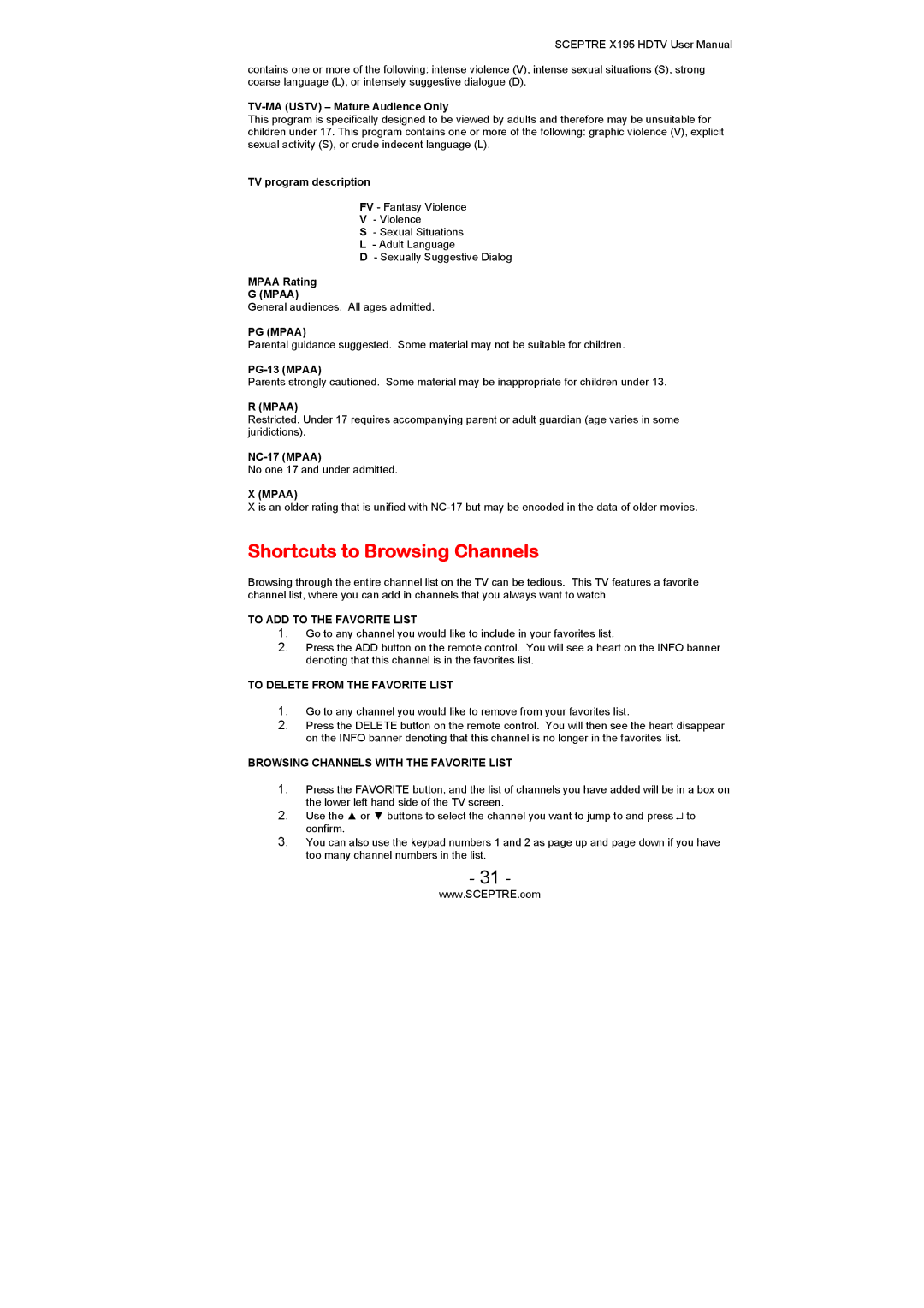 Sceptre Technologies X195 user manual Shortcuts to Browsing Channels 