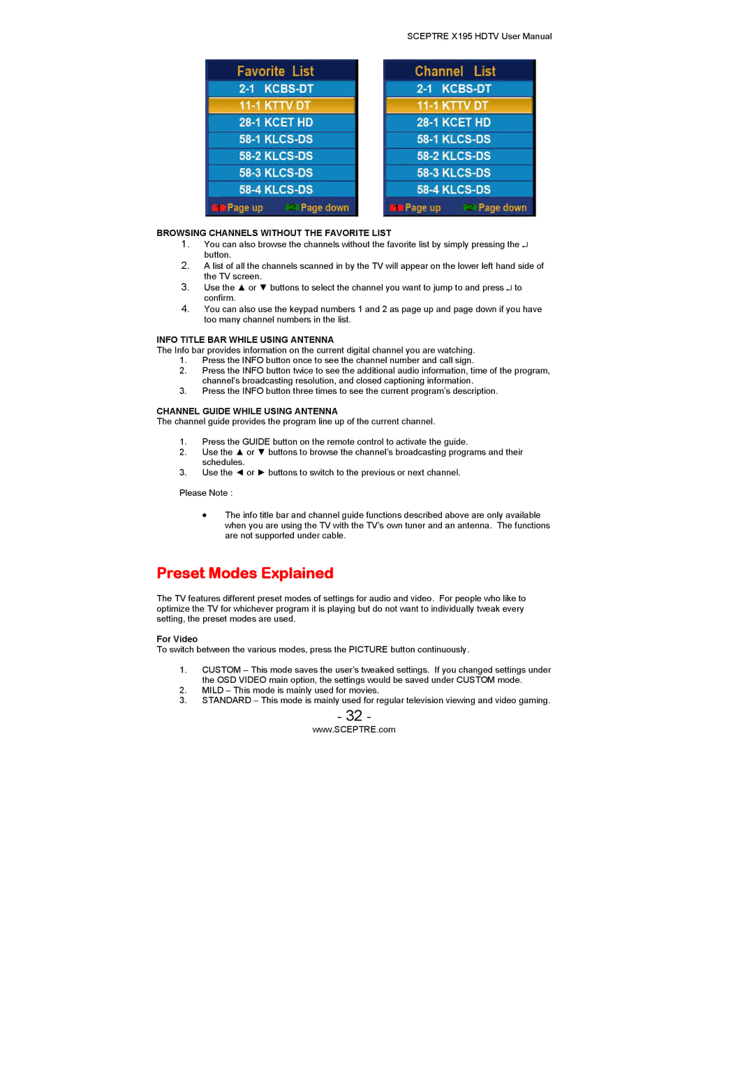 Sceptre Technologies X195 user manual Preset Modes Explained, For Video 